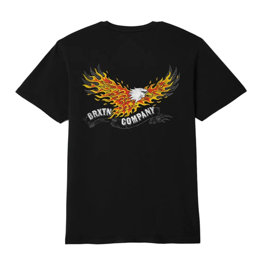 A black short-sleeve t-shirt with a large graphic on the chest featuring a fiery eagle design in yellow, orange, and red, with the text 'BRXTN COMPANY' printed below it.