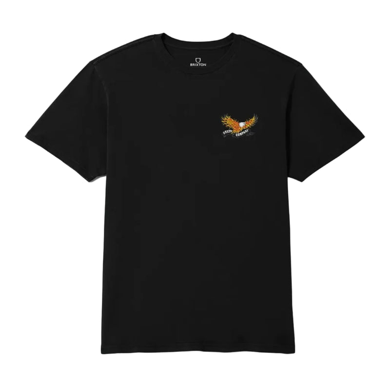 Load image into Gallery viewer, A black short-sleeve crewneck t-shirt with a small orange and yellow graphic on the left chest, displayed flat against a light gray background.
