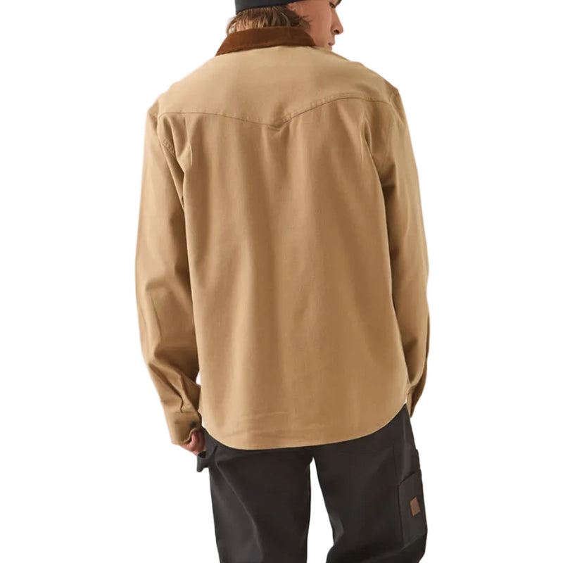 Load image into Gallery viewer, A person shown from the back wearing a tan overshirt, black pants, a black beanie, and black shoes, standing against a plain light gray studio background.
