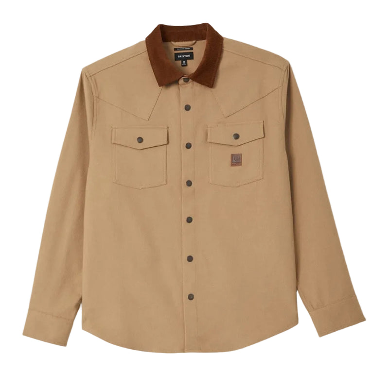 Load image into Gallery viewer, A tan long-sleeve western-style shirt jacket with a contrasting brown collar, button-down front, and two chest pockets, shown against a light gray background.
