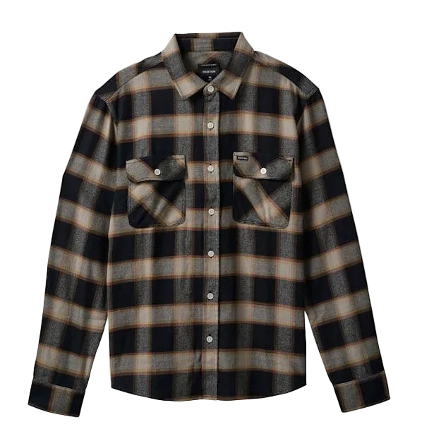 Load image into Gallery viewer, A long-sleeve button-up plaid shirt in black, brown, and beige, featuring two chest flap pockets with snap closures, displayed on a light gray background.
