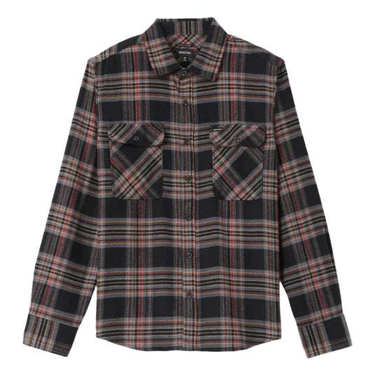 A long-sleeve plaid button-up shirt in black, red, and beige, featuring two chest flap pockets, shown against a white background.