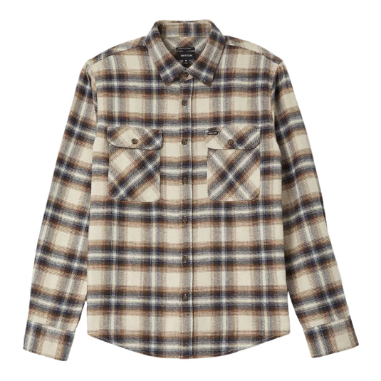 A long-sleeve button-up plaid shirt in beige, brown, and black, featuring two buttoned chest pockets, shown flat against a white background.