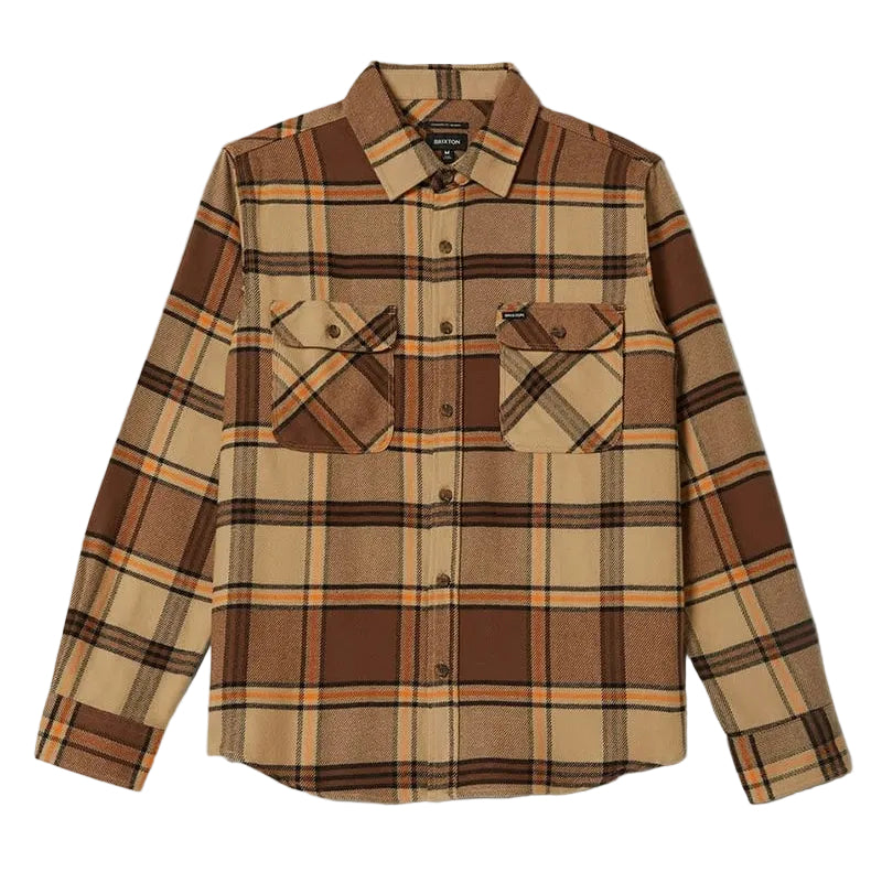 Load image into Gallery viewer, Plaid shirt with brown and beige pattern on a white background
