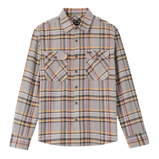 A long-sleeve plaid button-up shirt in a gray, beige, and orange tartan pattern, featuring two buttoned chest pockets, displayed on a white background.
