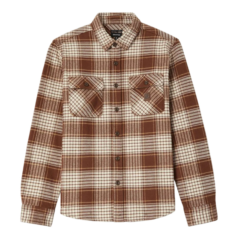 Load image into Gallery viewer, A brown and beige plaid long-sleeve button-up shirt with two chest flap pockets, displayed flat against a light gray background.

