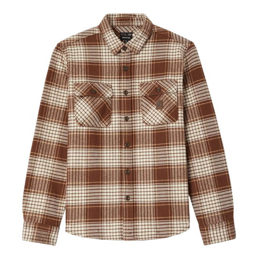 A brown and beige plaid long-sleeve button-up shirt with two chest flap pockets, displayed flat against a light gray background.