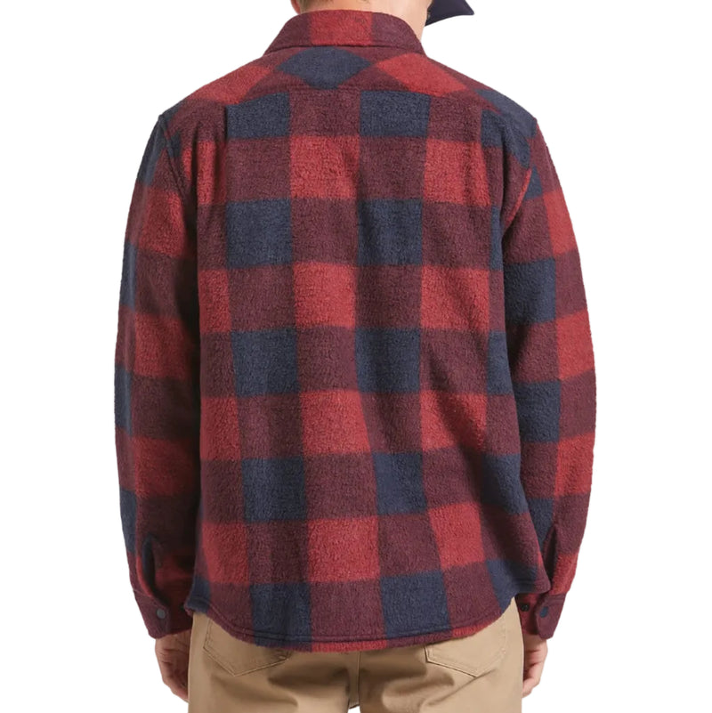 Load image into Gallery viewer, Person wearing a red and blue plaid fleece l/s shirt on a white background
