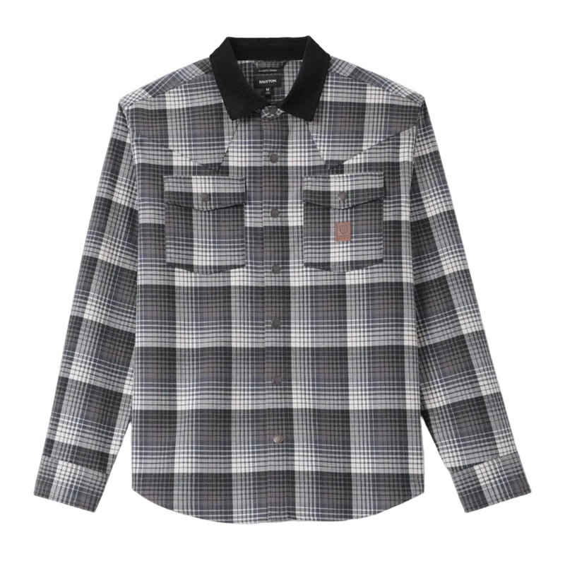 Load image into Gallery viewer, A long-sleeve plaid button-up shirt in black, gray, and white, featuring a solid black collar and two chest pockets, shown against a light gray background.
