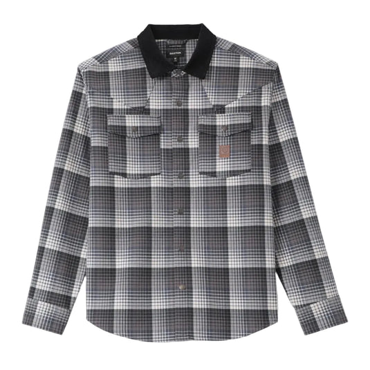 A long-sleeve plaid button-up shirt in black, gray, and white, featuring a solid black collar and two chest pockets, shown against a light gray background.