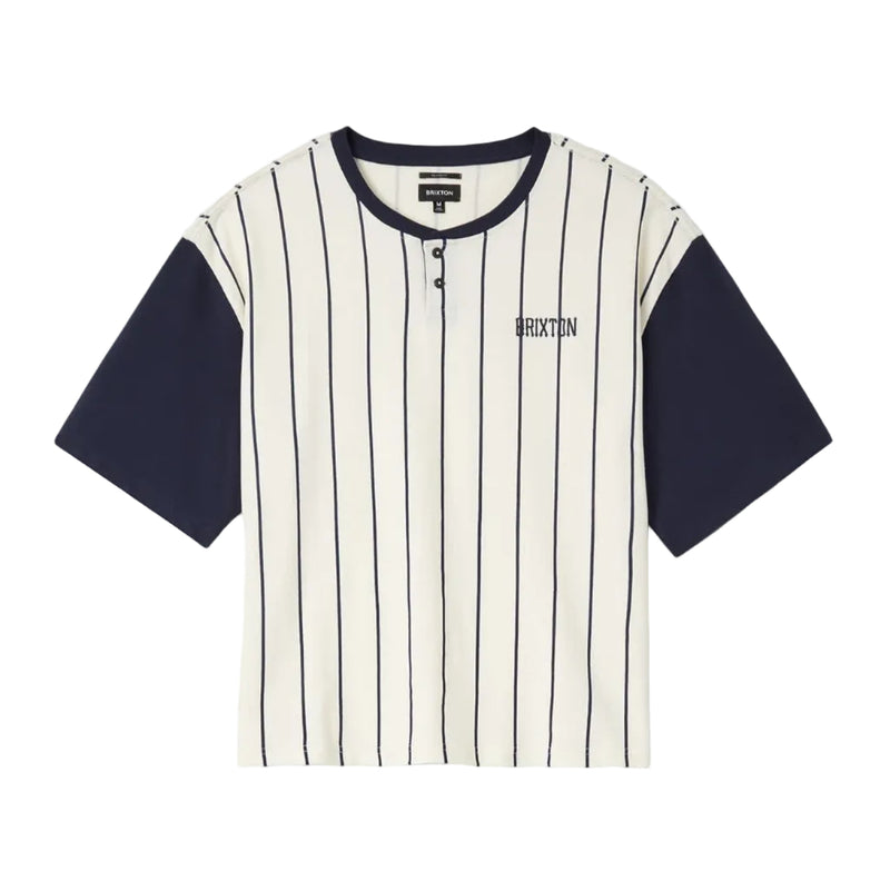 Load image into Gallery viewer, A short-sleeve Henley shirt by Brixton, featuring an off-white body with thin navy vertical pinstripes and solid navy sleeves, collar, and hem. The brand name 'BRIXTON' is printed in navy on the left chest.
