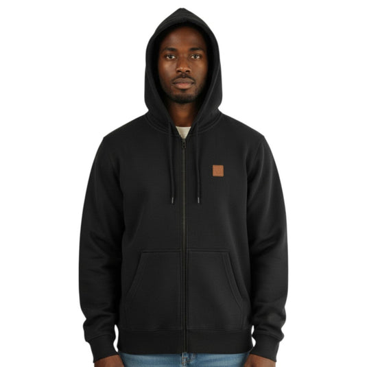 Man wearing a black hoodie with a brand logo on a white background