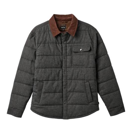 Dark gray quilted jacket with brown collar on a light gray background