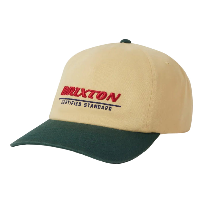 Load image into Gallery viewer, Beige and green cap with Brixton logo on a white background
