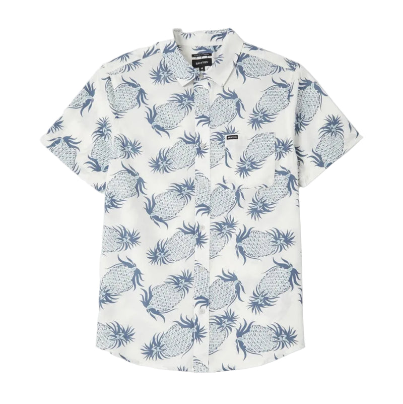 Load image into Gallery viewer, White collared shirt with blue pineapple printed throughout the shirt on a white background

