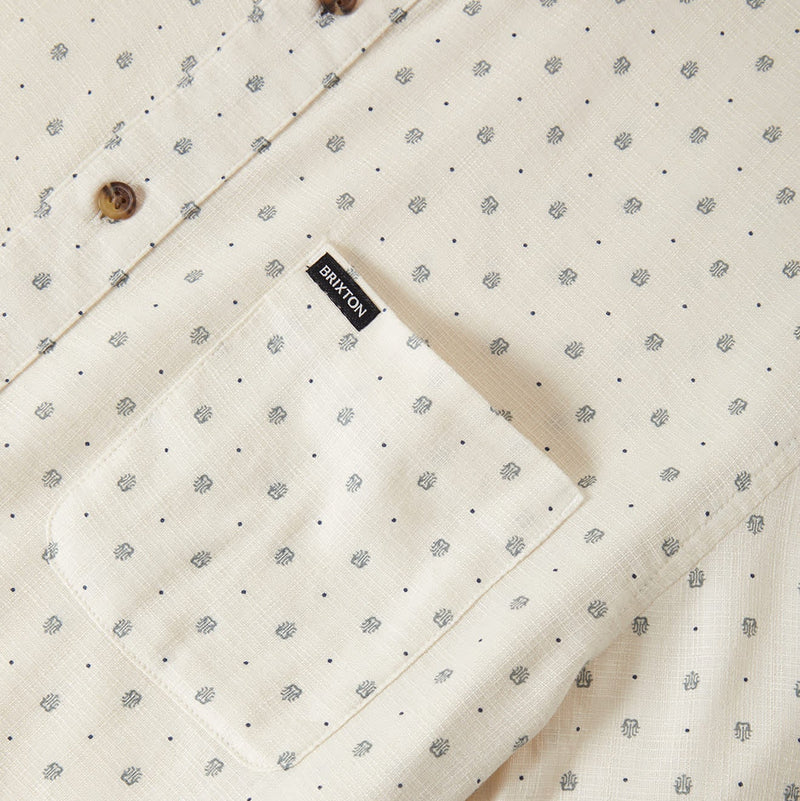 Load image into Gallery viewer, Brixton Charter Slub Short Sleeve Woven Shirt -  Off White Micro Geo pattern and Brixton label on pocket.
