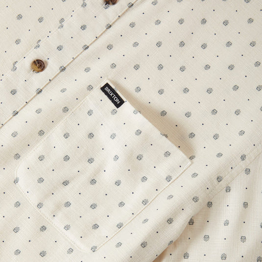 Brixton Charter Slub Short Sleeve Woven Shirt -  Off White Micro Geo pattern and Brixton label on pocket.