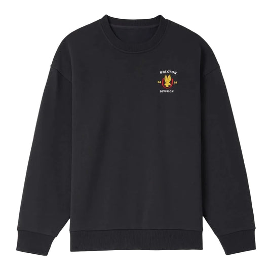 A black crewneck sweatshirt with a small yellow and white graphic on the left chest, displayed flat against a light gray background.