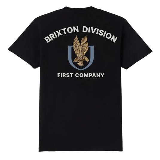 A black short-sleeve t-shirt shown from the back, featuring a graphic print with the text 'BRIXTON DIVISION' and 'FIRST COMPANY' in white, surrounding a gold eagle emblem inside a blue shield.