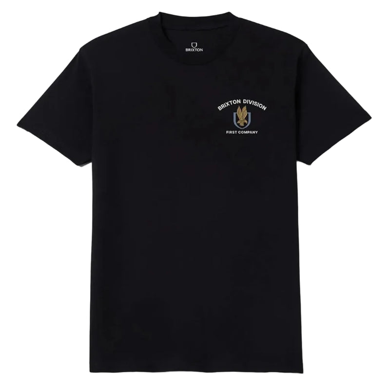Load image into Gallery viewer, A black short-sleeve crewneck t-shirt with a small embroidered Brixton graphic on the left chest, displayed flat against a white background.
