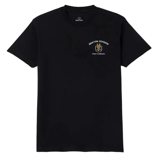 A black short-sleeve crewneck t-shirt with a small embroidered Brixton graphic on the left chest, displayed flat against a white background.