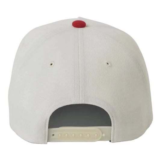 Back view of a beige cap with a red button on a white background. Snapback adjustable closure