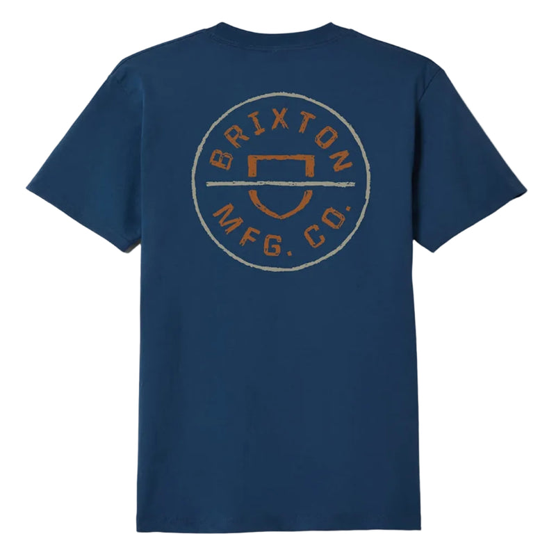 Load image into Gallery viewer, A navy blue short-sleeve t-shirt shown from the back, featuring a distressed circular graphic with the text 'BRIXTON MFG. CO.
