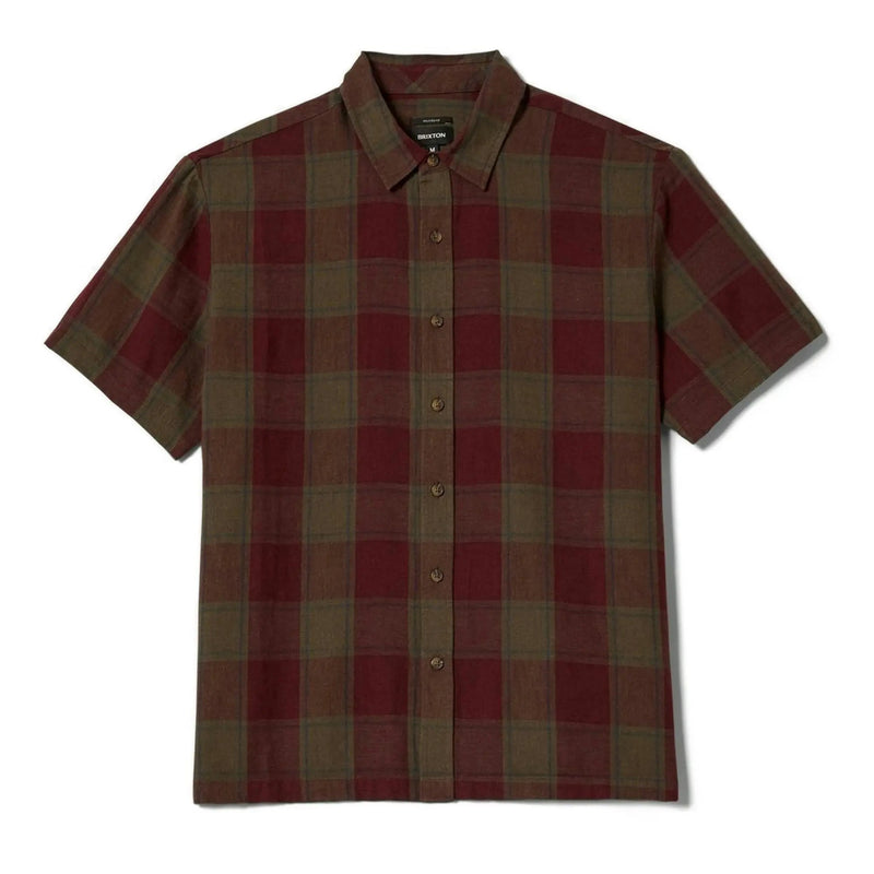 Load image into Gallery viewer, A short-sleeve button-up plaid shirt in dark red and olive green, laid flat against a white background.
