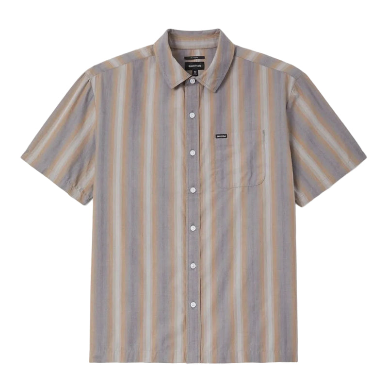 Load image into Gallery viewer, A short-sleeve button-up shirt with vertical stripes in beige, brown, and gray, featuring a single chest pocket and a small black brand label on the left chest.
