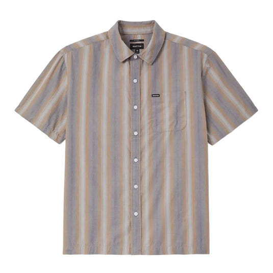 A short-sleeve button-up shirt with vertical stripes in beige, brown, and gray, featuring a single chest pocket and a small black brand label on the left chest.