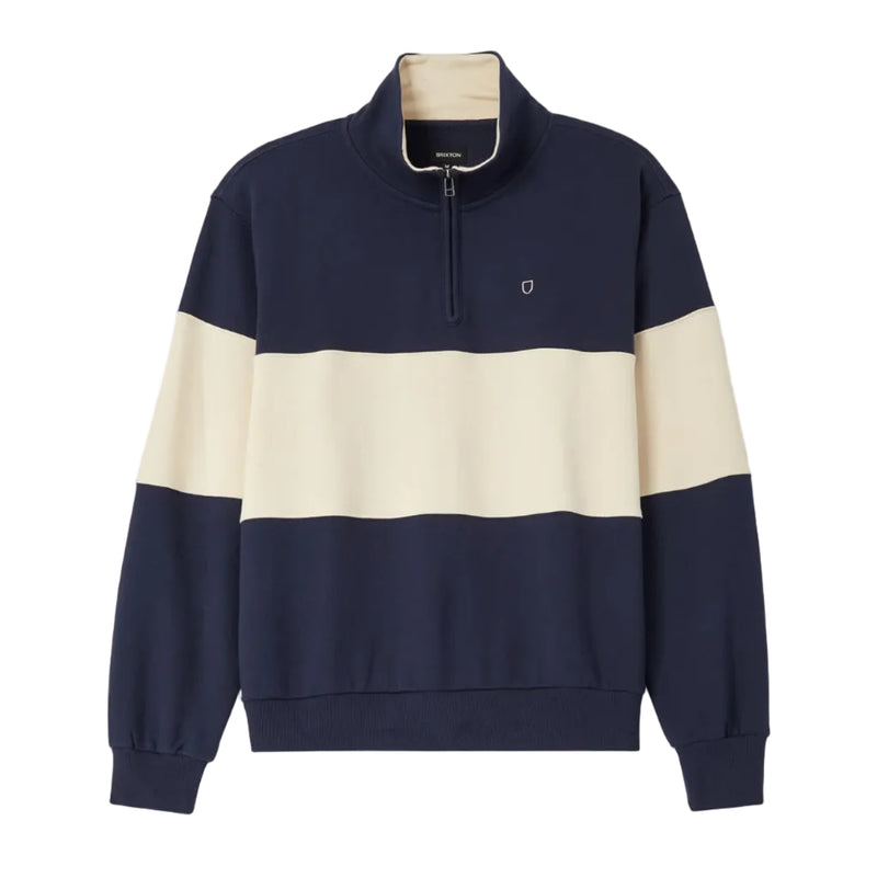 Load image into Gallery viewer, A navy blue and cream colorblock quarter-zip sweatshirt with a small embroidered logo on the left chest, displayed on a clean off-white background.
