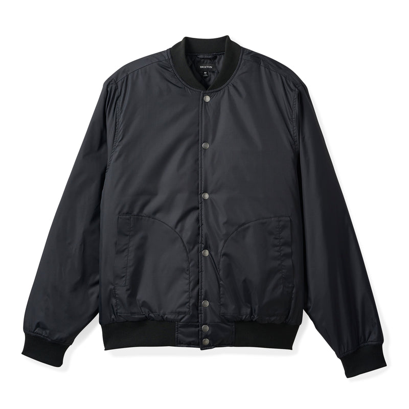 Load image into Gallery viewer, A black nylon bomber jacket with a snap-button front, ribbed collar, cuffs, and hem, displayed flat against a white background.
