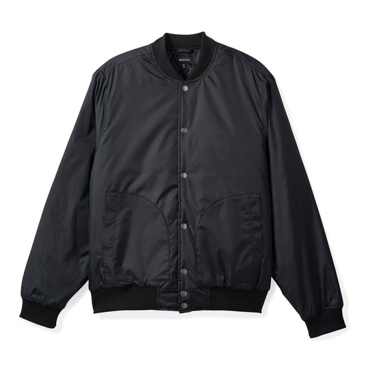 A black nylon bomber jacket with a snap-button front, ribbed collar, cuffs, and hem, displayed flat against a white background.