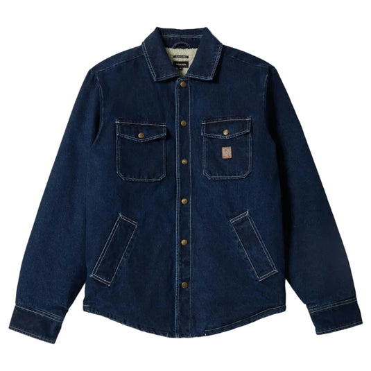 Blue denim shirt with button details on a white background