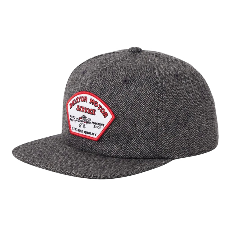 Load image into Gallery viewer, Heather Black Brixton snapback with a "Brixton Motor Service" patch embroidrered on the front
