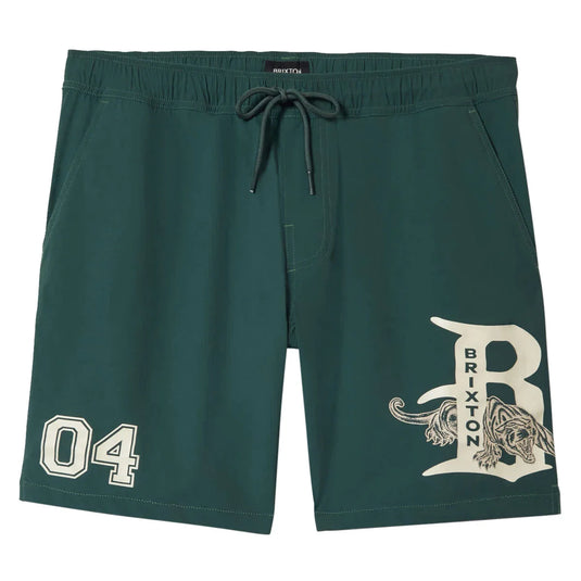 Green shorts with a logo and number on a white background