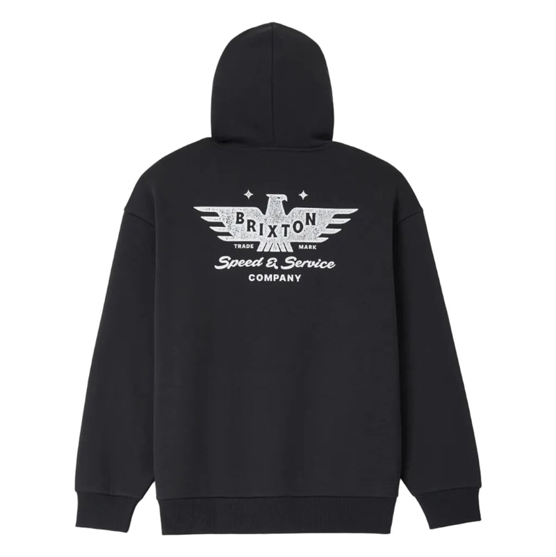 Load image into Gallery viewer, A black pullover hoodie shown from the back, featuring a white graphic print of an eagle with wings and the text 'BRIXTON Speed &amp; Service COMPANY' on the center back.
