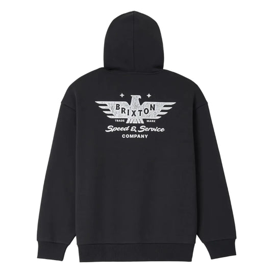 A black pullover hoodie shown from the back, featuring a white graphic print of an eagle with wings and the text 'BRIXTON Speed & Service COMPANY' on the center back.