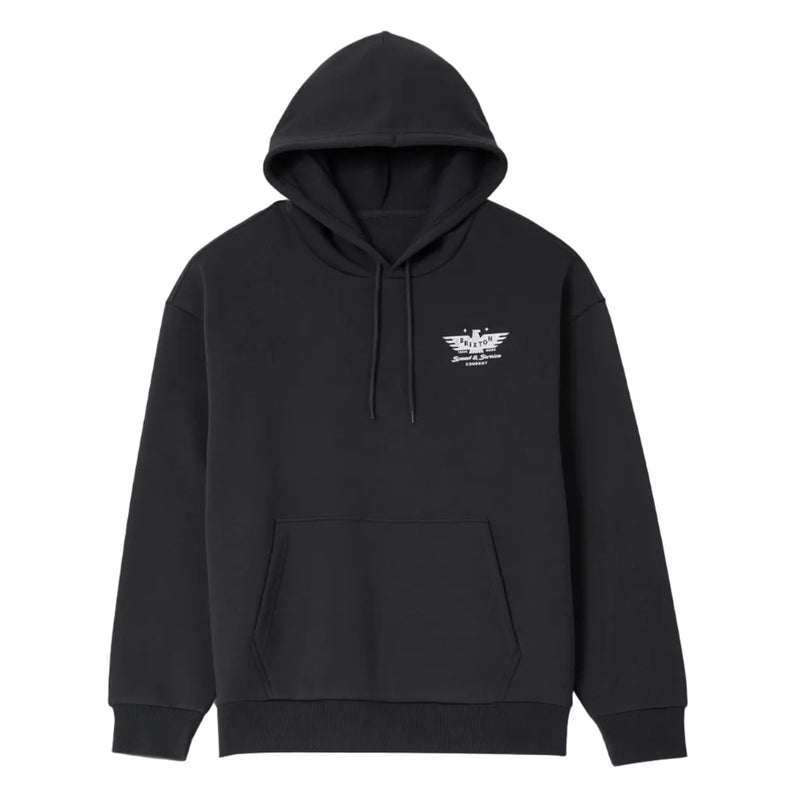Load image into Gallery viewer, A black pullover hoodie with a small white embroidered winged logo on the left chest, displayed against a light gray background.

