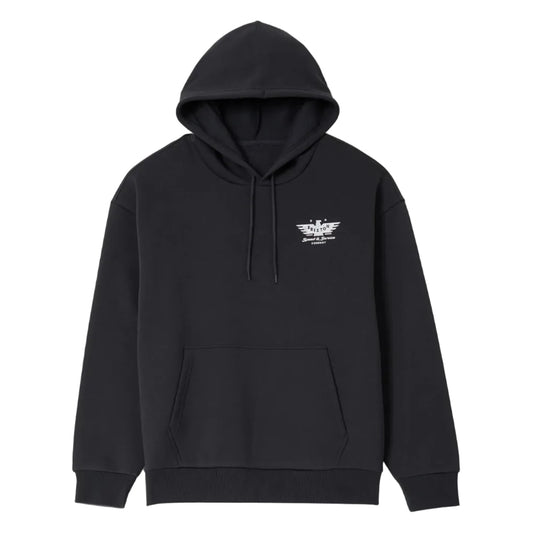 A black pullover hoodie with a small white embroidered winged logo on the left chest, displayed against a light gray background.
