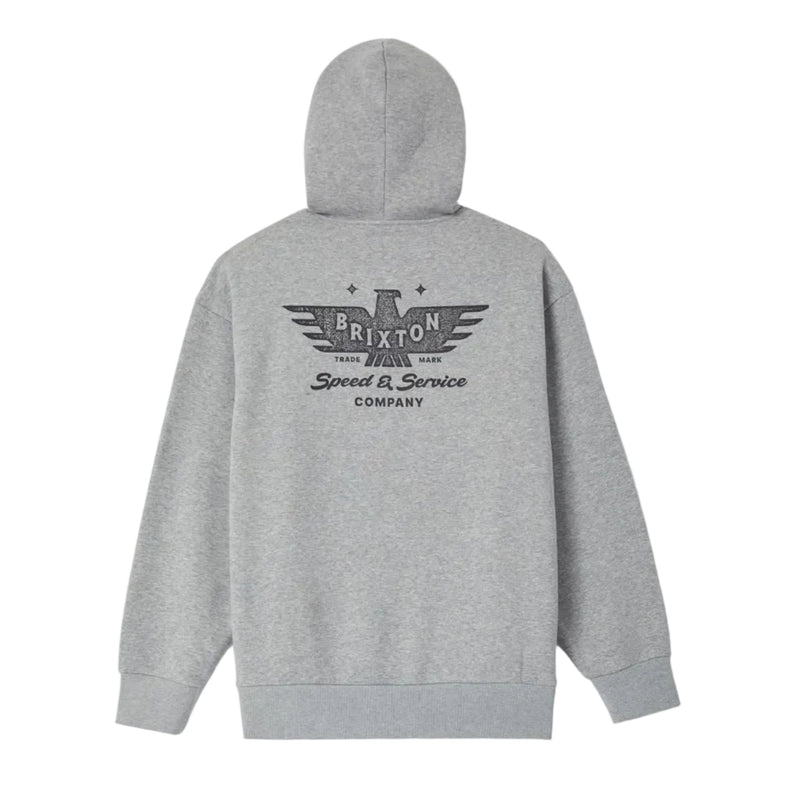 Load image into Gallery viewer, A light gray heather pullover hoodie shown from the back, featuring a large dark gray 'Brixton Speed &amp; Service Company' winged logo printed across the upper back.
