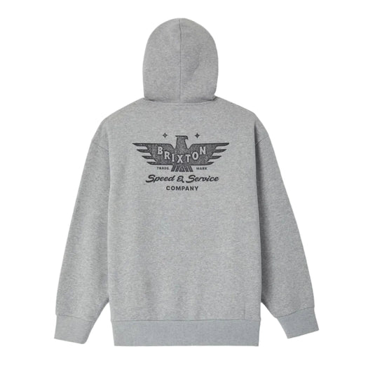 A light gray heather pullover hoodie shown from the back, featuring a large dark gray 'Brixton Speed & Service Company' winged logo printed across the upper back.