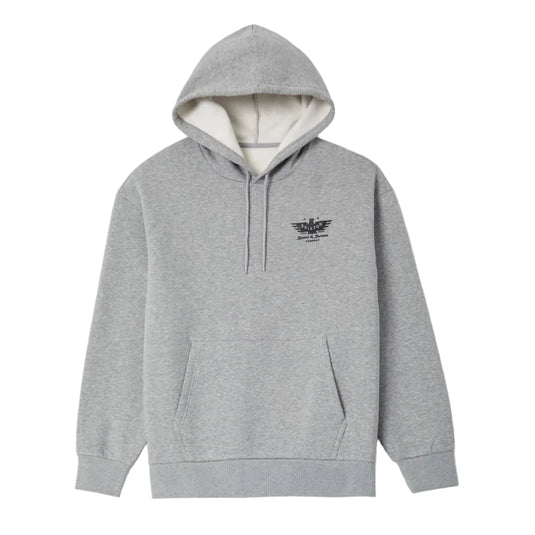 A light gray heather pullover hoodie with a white fleece-lined hood and a small black embroidered winged logo on the left chest, displayed against a light gray background.