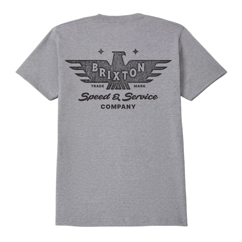 Load image into Gallery viewer, A heather gray short-sleeve t-shirt shown from the back, featuring a distressed black graphic print of the Brixton winged logo and the words 'Brixton', 'Speed &amp; Service Company'.
