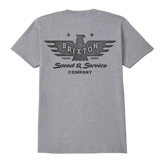 A heather gray short-sleeve t-shirt shown from the back, featuring a distressed black graphic print of the Brixton winged logo and the words 'Brixton', 'Speed & Service Company'.