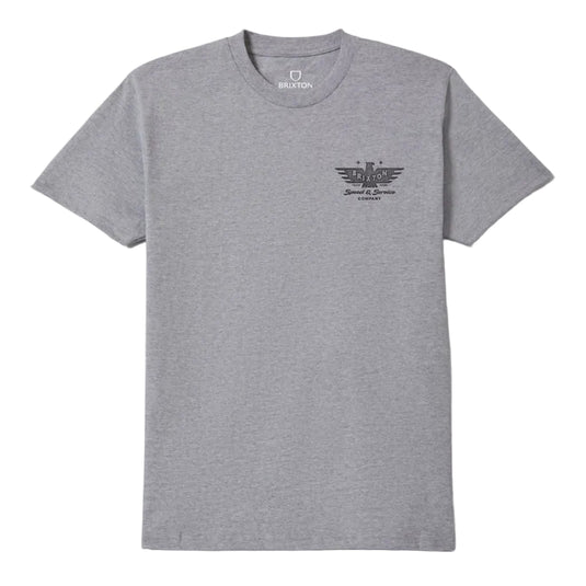 A heather gray short-sleeve crewneck t-shirt with a small black winged logo printed on the left chest, displayed flat against a light gray background.