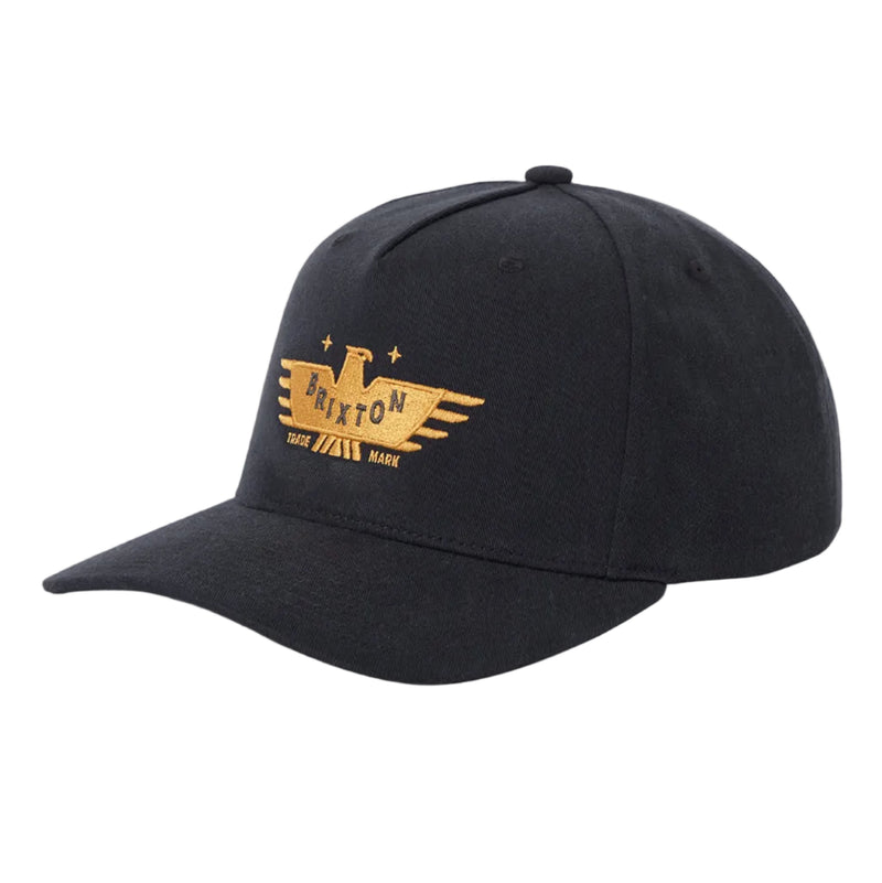 Load image into Gallery viewer, Black Brixton A-frame snapback withe a Gold eagle design embroidered on the front of the hat
