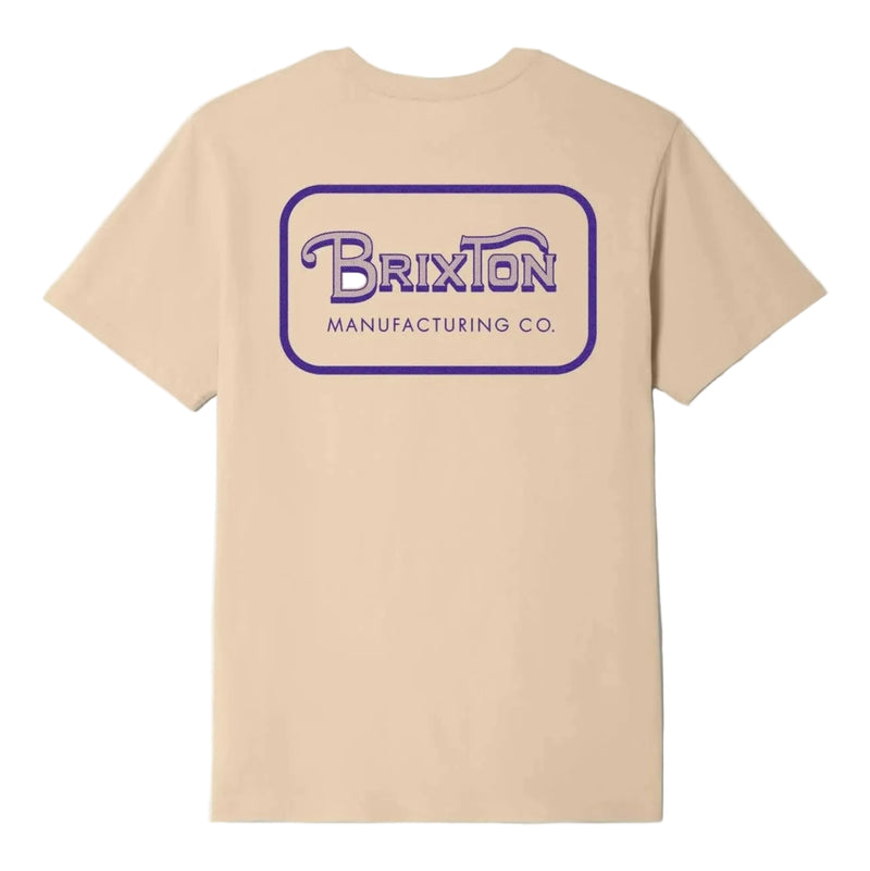 Load image into Gallery viewer, Beige t-shirt with purple and white logo on a light gray background
