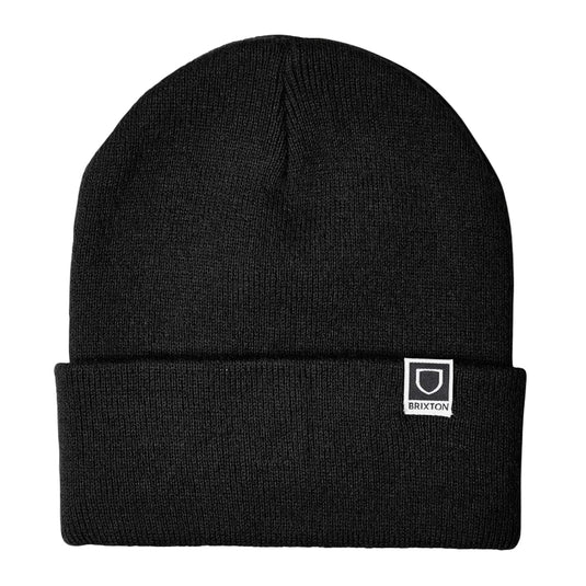 Black beanie with a small logo on a light gray background