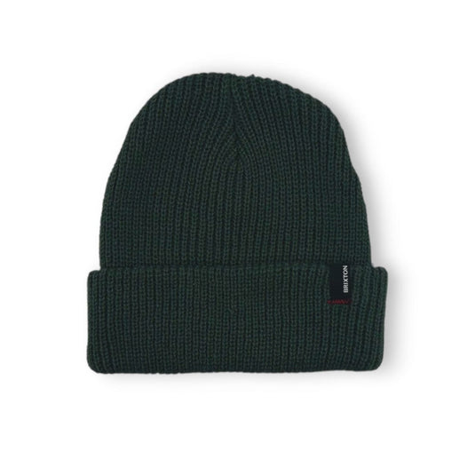 Dark green knit beanie with a small logo on a white background